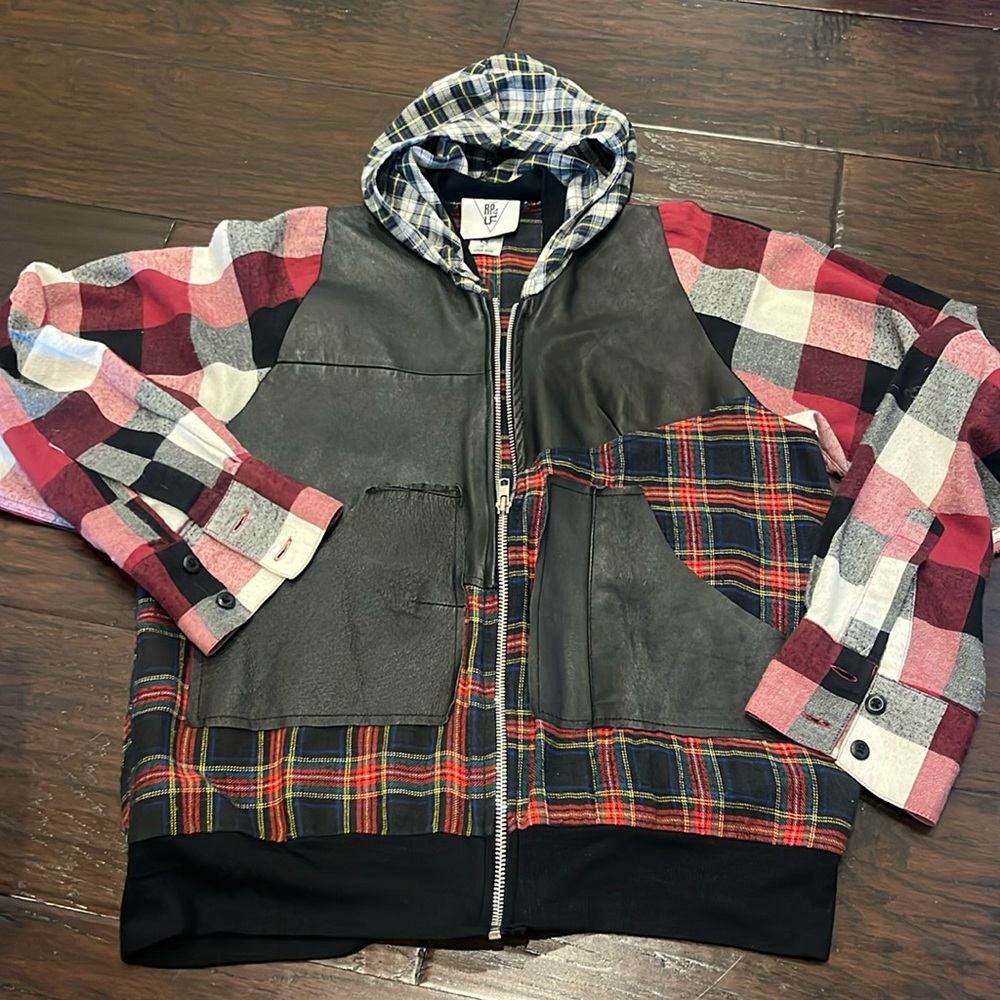 RP 4 LF flannel and leather zip up hoodie jacket. Unlined